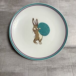 World Market BUNNY RABBIT HOLDING BLUE‎ EGG 8" Plate Easter Spring EUC